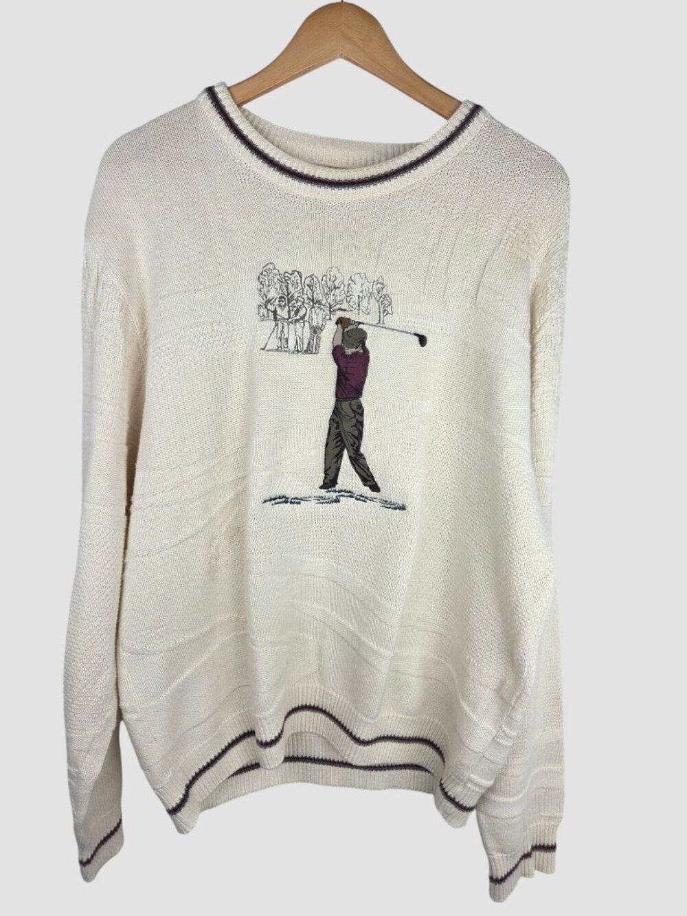 VTG Shenandoah Golf Sweater Mens Sz M Ivory Textured 3D Knit Embroidered 90s